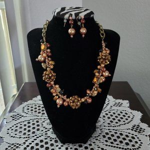 BEAUTIFUL Brown Tones Beaded Statement Necklace & Earrings Set